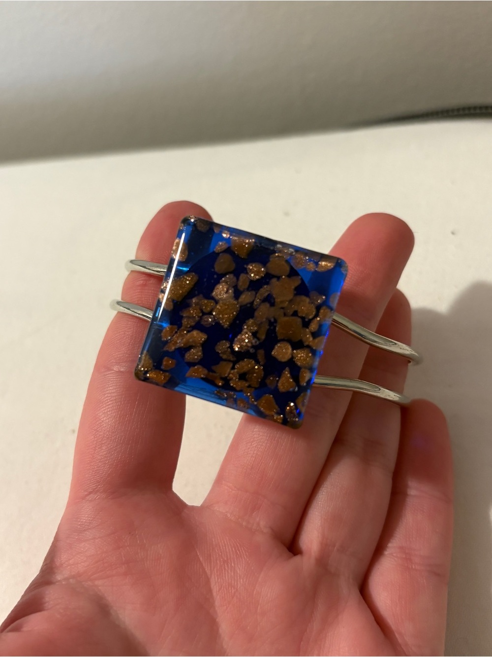 Handmade Vintage Blue Glass Cuff Bracelet with Copper Glitter Fleck Accents